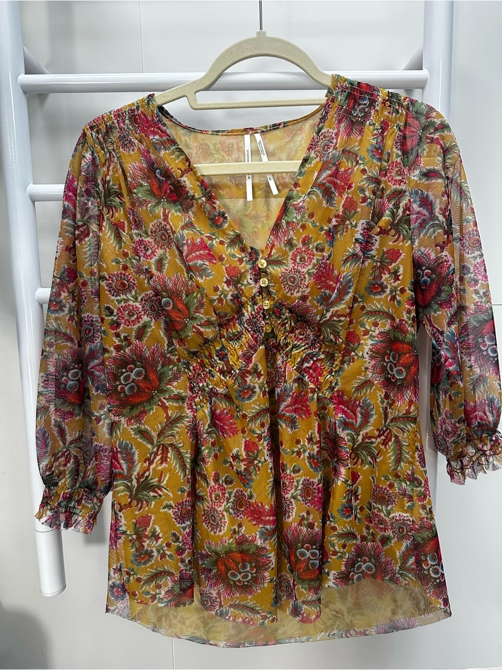 Anthropologie Mustard Floral V-Neck Peasant Blouse